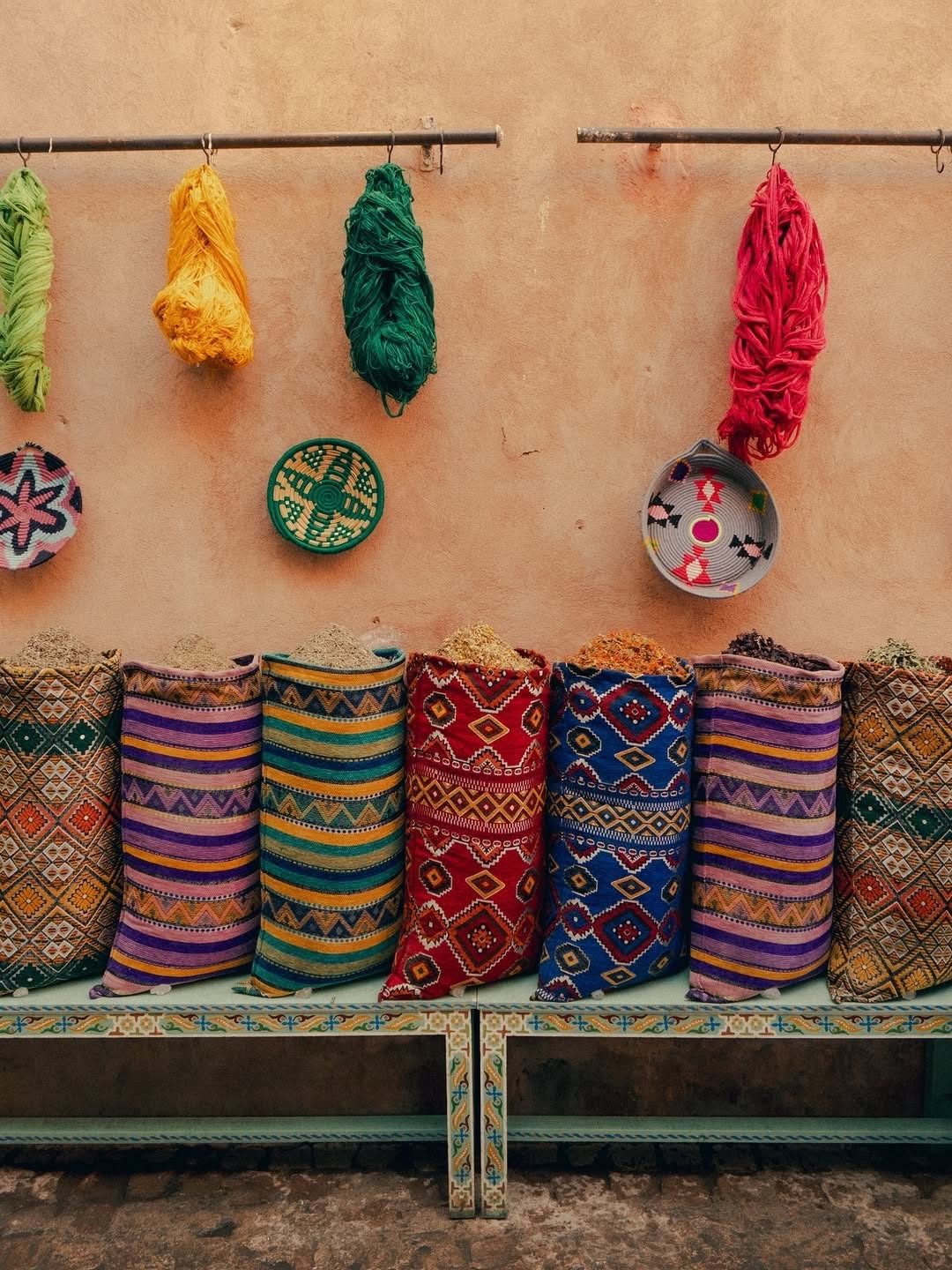 Berber Textiles Berber textiles and dyed wool in a Marrakech souk
