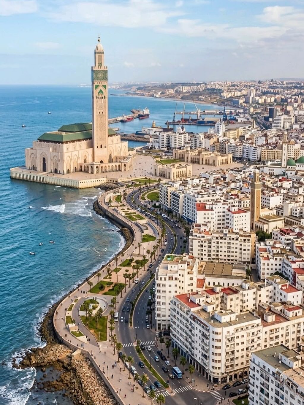 Hassan II Mosque aerial view along the Corniche in Casablanca, Morocco