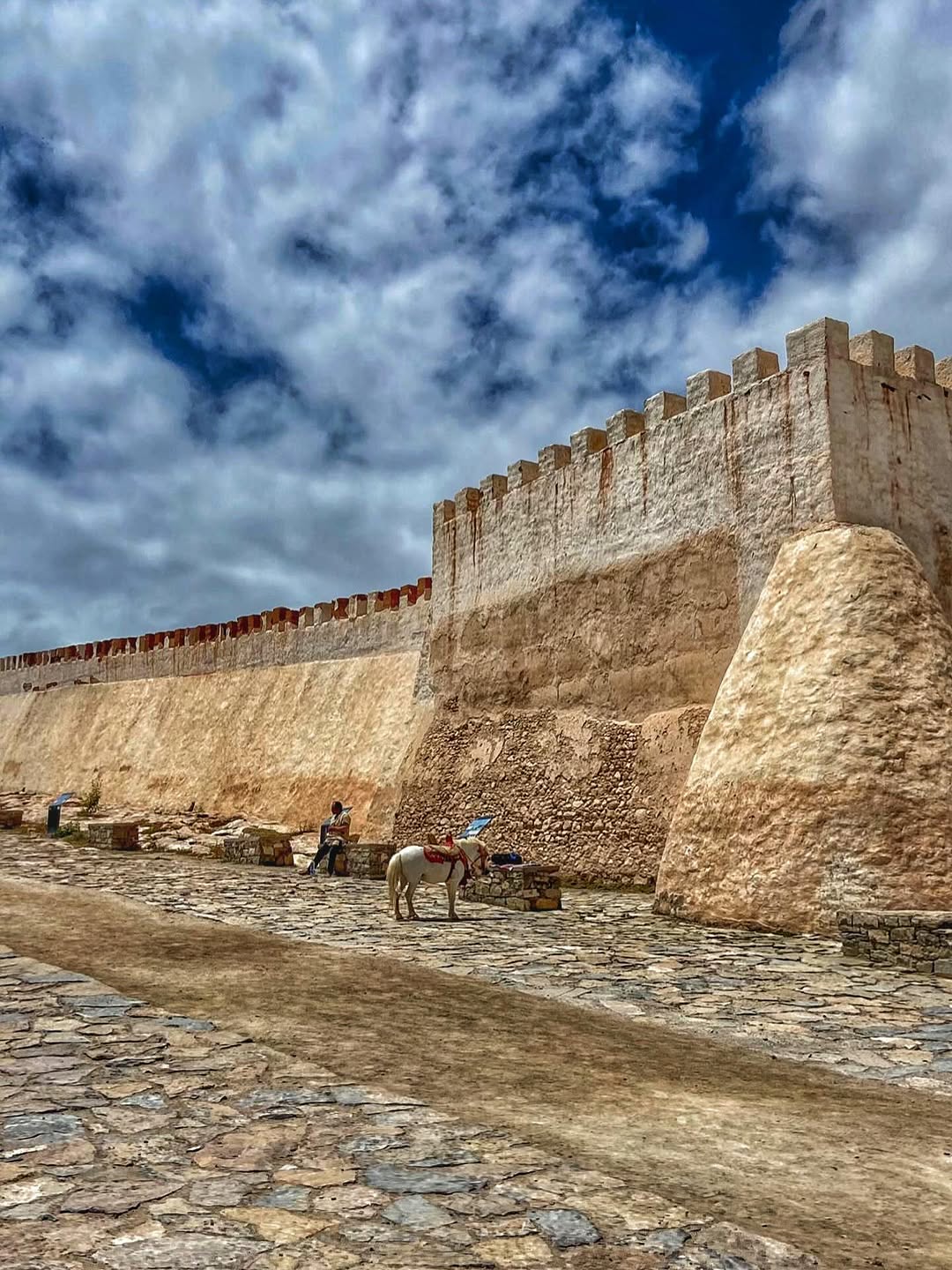 Approach to the Kasbah White horse beside the cobbled approach to Agadir Oufella kasbah walls, Morocco