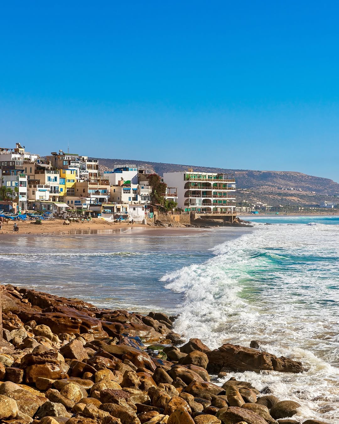 Taghazout village beach and Atlantic waves, Morocco