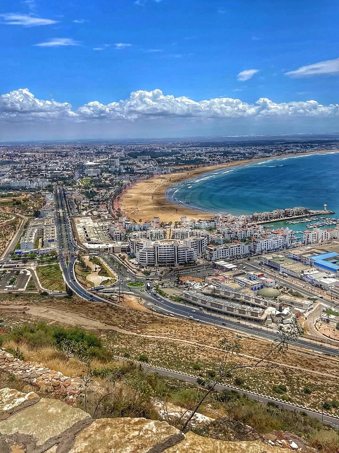 Agadir bay aerial view with marina and beach, Morocco