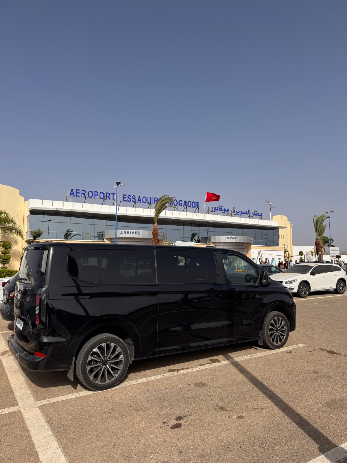 Black Ford Tourneo at Essaouira Mogador Airport ready for a private transfer