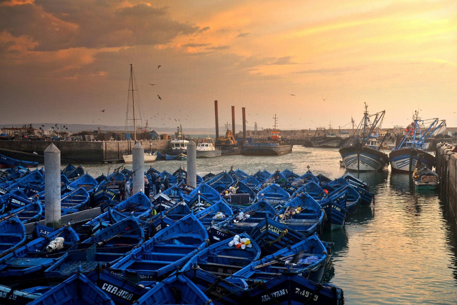 A picturesque view of blue fishing boats moored at a harbor in Morocco during a stunning sunset, offering tranquil maritime scenery.